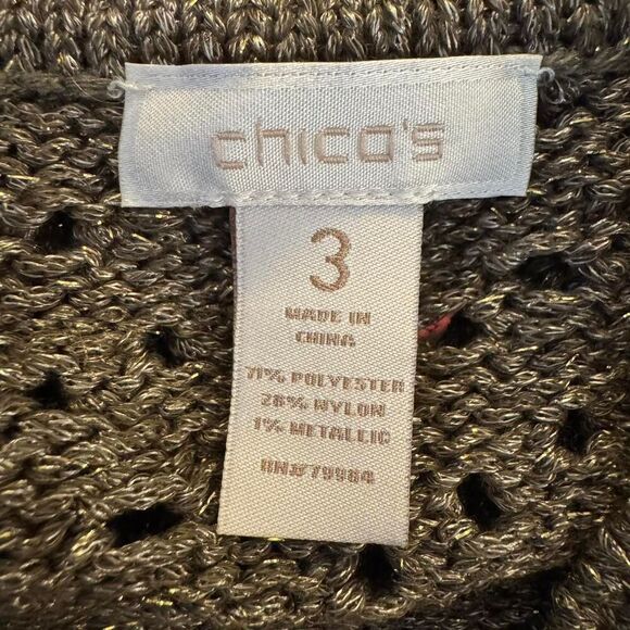 Chico’s Women’s Bronze Metallic Crochet Cardigan Blazer Sweater Size 3 (XL) Butt - Picture 2 of 5